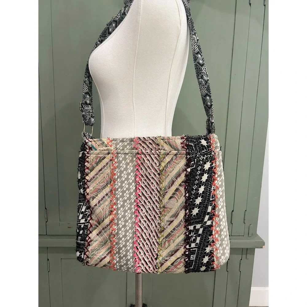 Demdaco Recycled Cross Body Bag Quilted Patchwork Woven Bohemian Festival Earthy